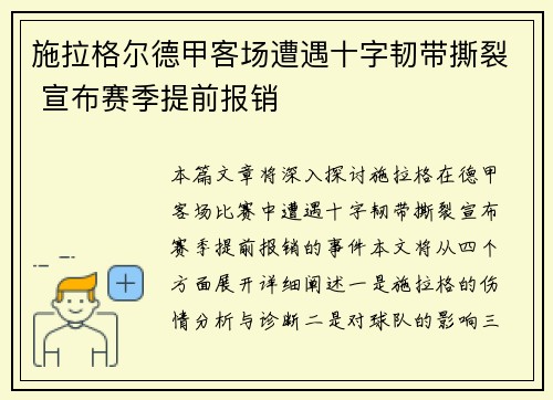 施拉格尔德甲客场遭遇十字韧带撕裂 宣布赛季提前报销 施拉格尔德甲客场遭遇十字韧带撕裂 宣布赛季提前报销